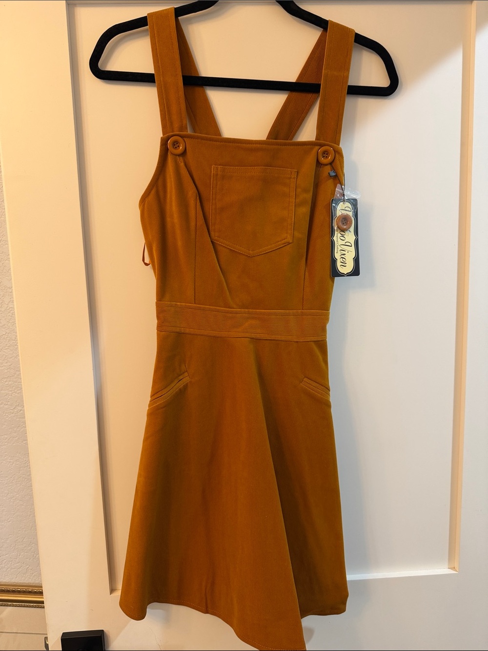 Voodoo Vixen Mustard Brown Pinafore Jumper Dress with Pocket Detail